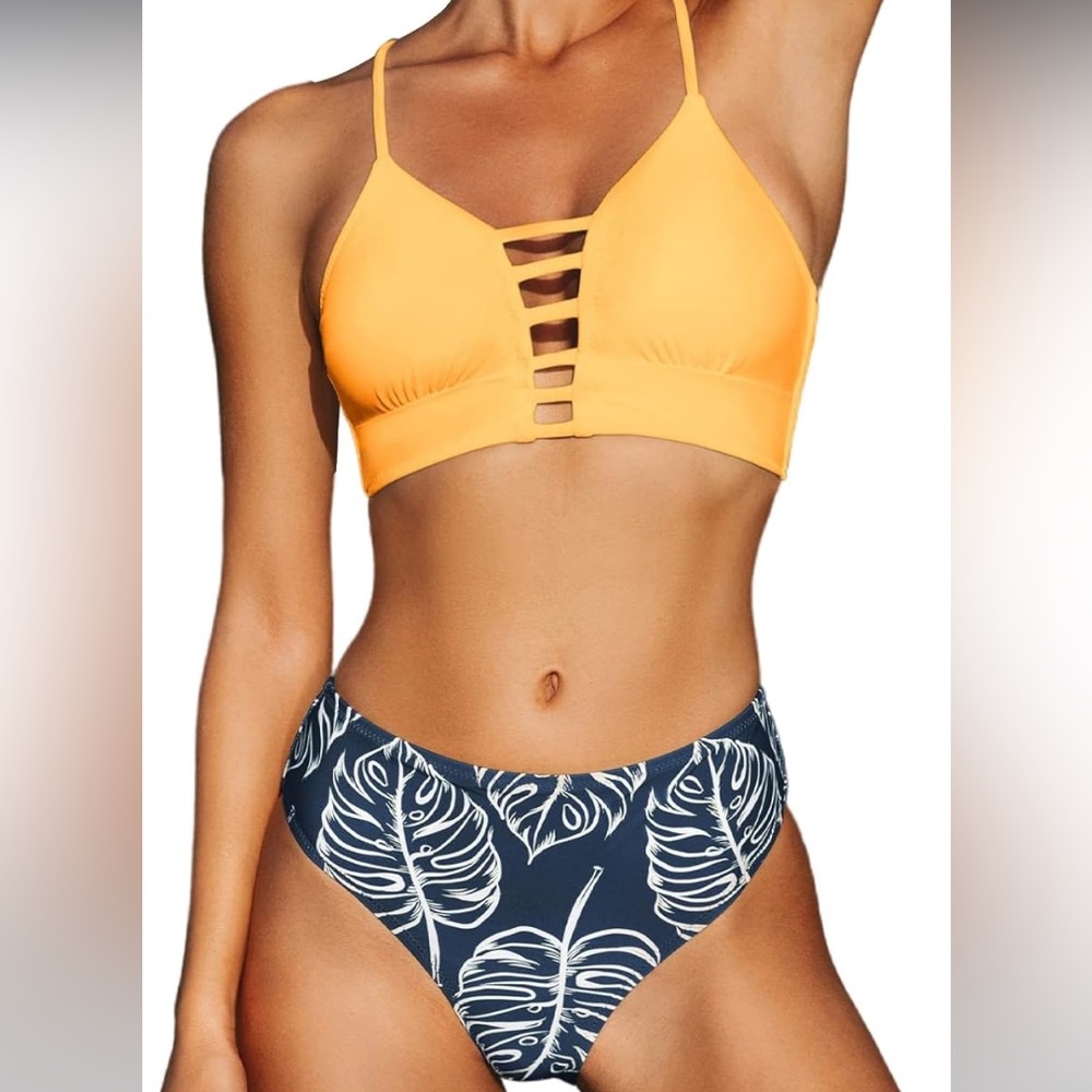 ~Women's High Waisted Two Piece Floral Strappy Self Back Tie Bikini Set~